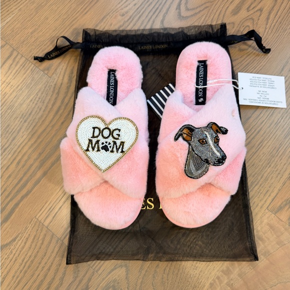 Wolf & Badger Shoes - Wolf & Badger Laines London Pink Fuzzy Sighthound Dog Mom Slippers - Medium 7-8